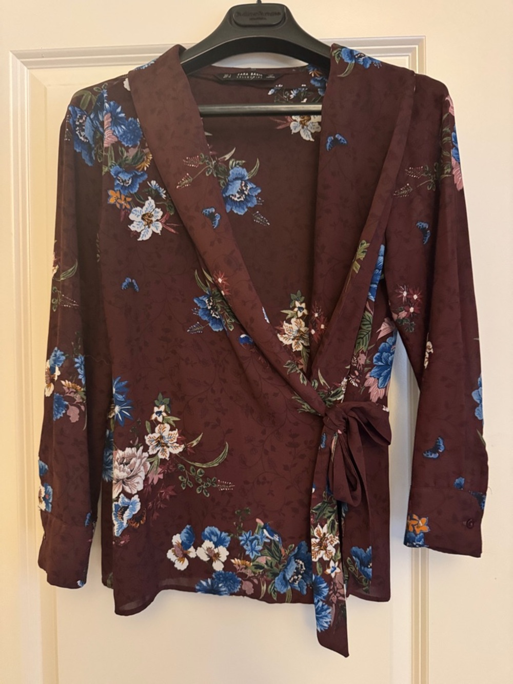 Zara Burgundy Floral Wrap Blouse with Blue & Cream Flowers